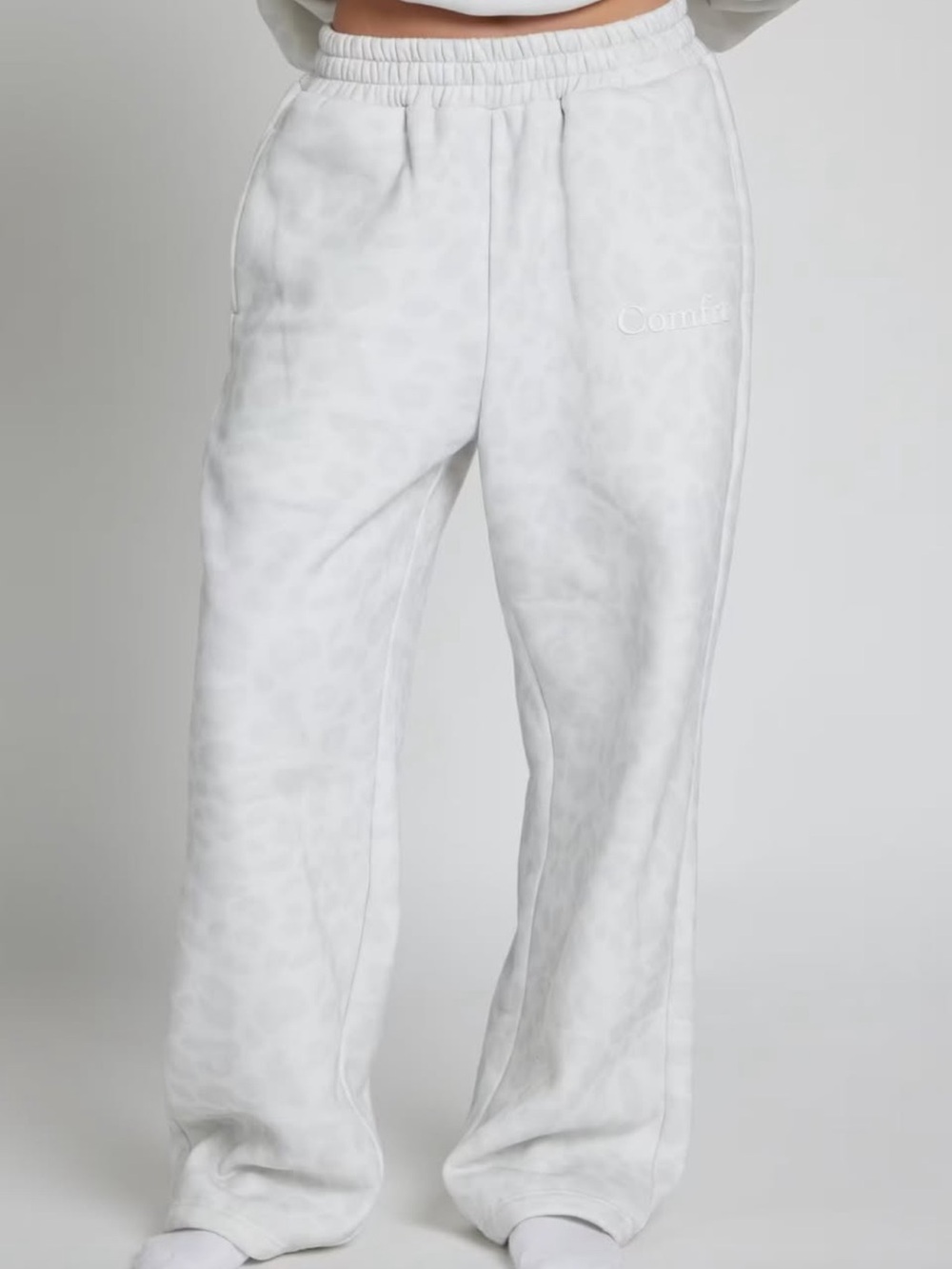 Comfort Embroidered High-Waist Joggers in White Leopard